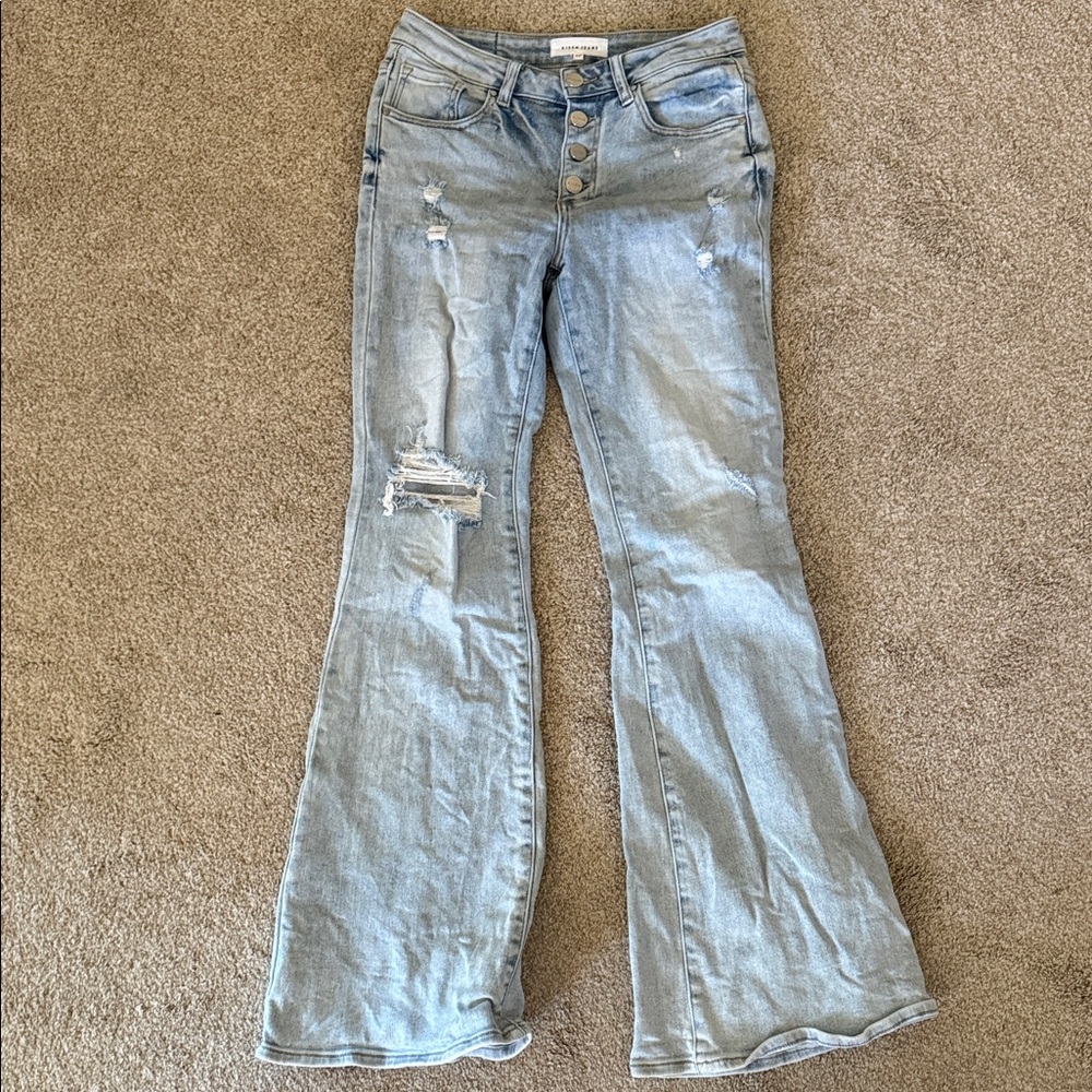 Stylish Distressed Light Blue Flare Jeans